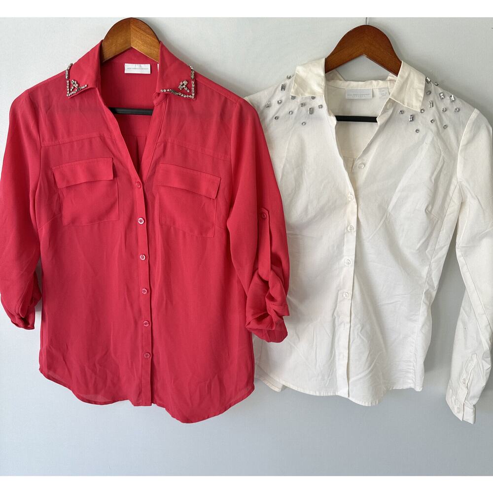 New York & Company Womens Button Up Blouse Shirt Formal Top Lot Pink White Sz XS